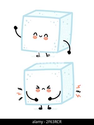 Mignon drôle heureux et triste morceau de sucre caractère cube. Icône d'illustration de personnage de dessin animé kawaii à lignes planes vectorielles. Isolé sur fond blanc. Concept de personnage de cube de sucre Illustration de Vecteur