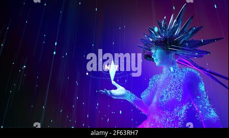 NFT jetons non fongibles crypto art sur fond abstrait coloré. Luminescent VR girl avec NFT symbole jeton payer pour des objets de collection uniques dans les jeux ou l'art Banque D'Images