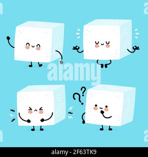 Ensemble de personnages en forme de cube de sucre mignon et amusant. Icône d'illustration de personnage de dessin animé kawaii à lignes planes vectorielles. Concept de bundle de personnages en cube de sucre Illustration de Vecteur