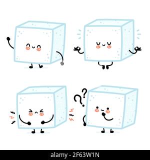 Ensemble de personnages en forme de cube de sucre mignon et amusant. Icône d'illustration de personnage de dessin animé kawaii à lignes planes vectorielles. Isolé sur fond blanc. Concept de bundle de personnages en cube de sucre Illustration de Vecteur