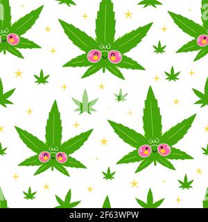 Mignonne rigolo Happy weed marijuana feuilles et étoiles sans couture motif. Dessin animé vectoriel kawaii. Isolé sur fond blanc. Adorable motif marijuana sans couture Illustration de Vecteur