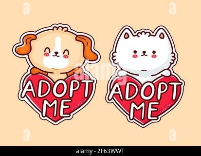 Mignon chien drôle chiot et chat tenir coeur signe m'adopter. Icône d'illustration de personnage de dessin animé kawaii à lignes planes vectorielles. Adopter le concept animaux, chien, chiot, chat Illustration de Vecteur