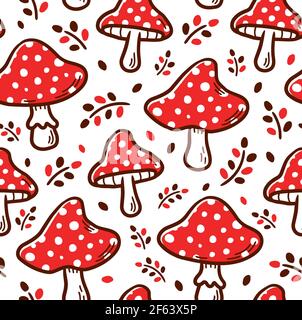 Motif sans couture en forme de champignon Amanita. Dessin d'icône d'illustration de dessin animé vectoriel. Concept de motif sans couture en forme de champignon Amanita Illustration de Vecteur