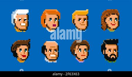 Les gens, hommes et femmes visages avatars. Les icônes vectorielles de style pixel art définissent l'illustration vectorielle Illustration de Vecteur