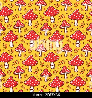 Motif sans couture en forme de champignon Amanita. Dessin d'icône d'illustration de dessin animé vectoriel. Concept de motif sans couture en forme de champignon Amanita Illustration de Vecteur