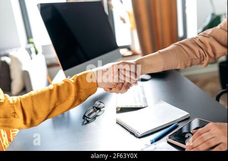 Conclusion d'un accord entre les deux parties. Dans un bureau moderne et élégant à la table, les partenaires commerciaux ont conclu un accord financier rentable, le confirmant avec une poignée de main mutuelle, les mains des femmes Banque D'Images