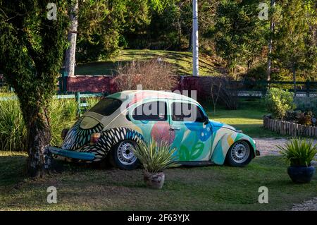 Une décoration Volkswagen Beetle utilisée comme décoration de jardin sur le parking avant de Moara Cafe, un café connu situé sur la route Salvador Pacetti. Banque D'Images