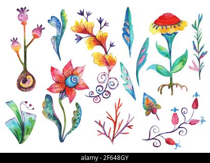 Décor aquarelle avec plantes psychédéliques de fantaisie de fée colorées et lumineuses. Banque D'Images