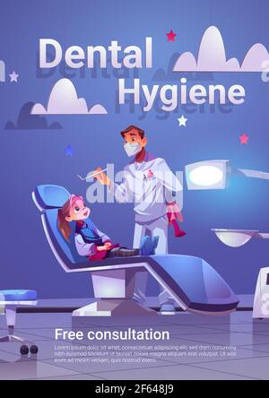 Affiche publicitaire de dessin animé d'hygiène dentaire avec enfant au cabinet du dentiste. Petit patient et médecin à la clinique stomatologique pour les enfants, les dents et la cavité buccale examen médical, libre consultation vecteur bannière promo Illustration de Vecteur