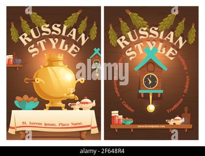 Affiche de style russe avec vieille cuisine rurale intérieur substance samovar sur la table avec théière et boulangerie dans les assiettes, Cuckoo-horloge, confiture et ustensiles sur une étagère en bois, maison traditionnelle affiche Vector Illustration de Vecteur