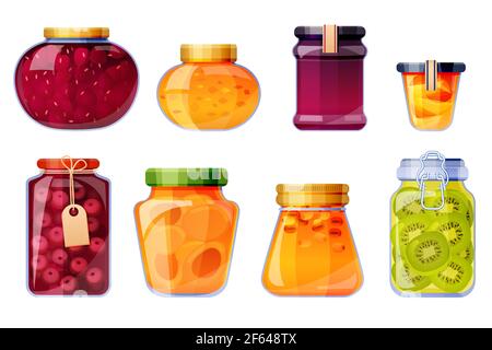 Pots en verre avec confiture de fraise, pêche, cerise, argousier, kiwi et abricot. Ensemble de dessins animés vectoriels de fruits doux, gelée et marmelade isolés sur fond blanc Illustration de Vecteur