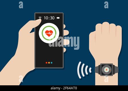 mains porter des montres et des smartphones pour surveiller la santé avec la technologie numérique moderne de conception vectorielle Illustration de Vecteur
