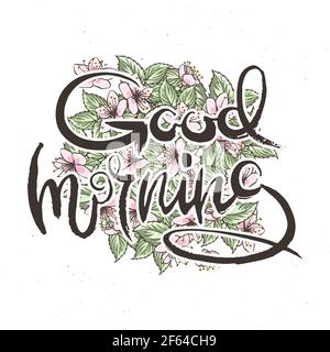 Bonjour. Carte de grillage à la main avec fond de fleur. Lettres de style rétro faites main. Typographie vectorielle vintage dessinée à la main illus Illustration de Vecteur