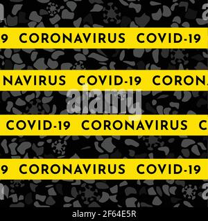 Illustration vectorielle. Espace jaune avec texte - coronavirus Covid-19. Fond noir avec des confettis abstraits et des formes de virus. Arrêter la pandémie 2019-ncov. Illustration de Vecteur