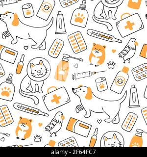 Motif vétérinaire sans couture avec animaux, médicaments et aliments. Un chat dans un collier et un chien avec un paw bandé. Illustration de Vecteur