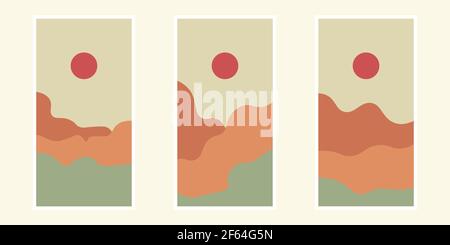 Ensemble de trois montagnes de fonds abstraits, affiches Boho. Diverses formes dessinées à la main et objets en forme d'oedle. Illustration vectorielle moderne et contemporaine Illustration de Vecteur