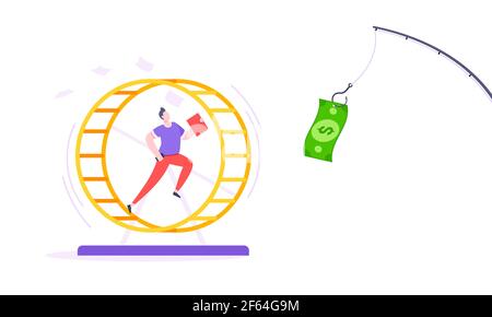 Rat race business concept avec homme d'affaires courant après la tige banking dollar dans la roue de hamster travaillant dur, toujours occupé modèle plat vecteur i Illustration de Vecteur
