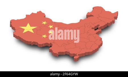 Carte 3D de la Chine et de la province et du motif de drapeau avec ombre sur fond blanc isolé . Vue en perspective . Vecteur . Illustration de Vecteur