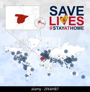 Carte du monde avec les cas de coronavirus se concentre sur l'Espagne, la maladie de COVID-19 en Espagne. Slogan sauver des vies avec drapeau de l'Espagne. Modèle vectoriel. Illustration de Vecteur
