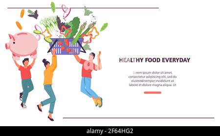 Site Web de livraison d'aliments ou modèle de circulaire avec famille d'achat d'aliments, illustration vectorielle plate isolée sur fond blanc. Publicité en ligne pour les épiceries Illustration de Vecteur