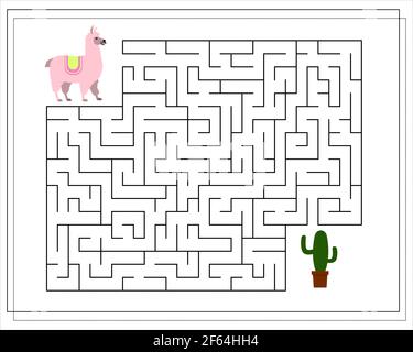 Un jeu de labyrinthe pour les enfants. Guidez le lama à travers le labyrinthe jusqu'au cactus. Vecteur isolé sur fond blanc. Illustration de Vecteur