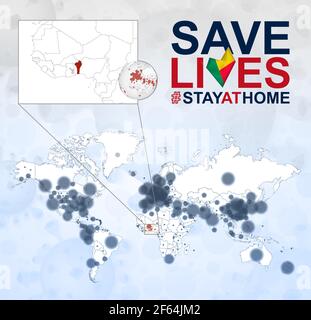 Carte du monde avec les cas de coronavirus se concentre sur le Bénin, la maladie COVID-19 au Bénin. Slogan sauver des vies avec drapeau du Bénin. Modèle vectoriel. Illustration de Vecteur