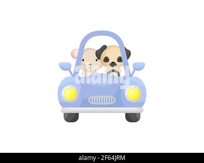 Petite souris et petit chien mignon volant de voiture bleue. Personnage de dessin animé pour les enfants livre, album, douche de bébé, carte de voeux, invitation de fête, maison inter Illustration de Vecteur