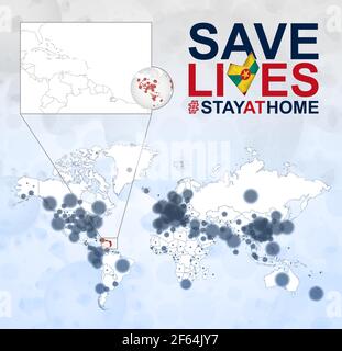 Carte du monde avec les cas de coronavirus se concentrer sur la Grenade, la maladie COVID-19 à la Grenade. Slogan sauver des vies avec drapeau de la Grenade. Modèle vectoriel. Illustration de Vecteur