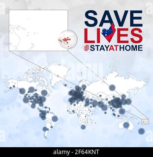 Carte du monde avec les cas de coronavirus se concentrent sur Samoa, la maladie COVID-19 au Samoa. Slogan sauver des vies avec drapeau des Samoa. Modèle vectoriel. Illustration de Vecteur