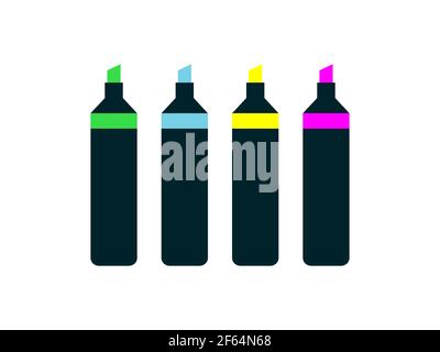 Jeu de marqueurs pour surligneurs. Outils scolaires d'apprentissage. Fournitures de bureau colorées. Vert fluorescent, bleu, jaune, rose. Pointe large. Stylos transparents. Vecteur Illustration de Vecteur