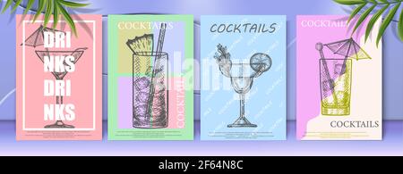 Collection de modèles de menus de cocktails de style caricature vectorielle, dessinés à la main sur fond tropical. Illustration de Vecteur