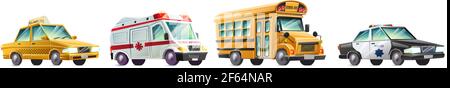Collection de dessins animés vectoriels de voitures, taxi jaune, ambulance, autobus scolaire et voiture de police. Isolé sur fond blanc. Illustration de Vecteur