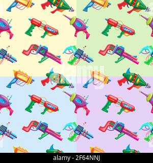 Motif de dessin animé vectoriel en quatre couleurs composé de blasters colorés pour enfants. Illustration de Vecteur