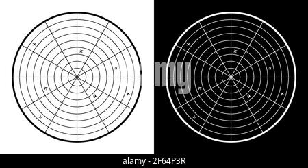 Icône d'écran radar avec petits plans. Sécurité de l'aviation civile. Contrôle de l'itinéraire de vol de l'avion. Vecteur noir et blanc Illustration de Vecteur