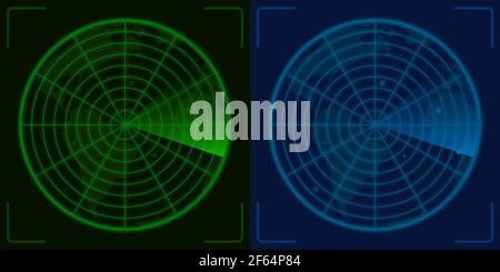 Écran radar vert et bleu avec petits plans. Aviation civile et militaire. Contrôle d'itinéraire d'avion et de marine. Vecteur Illustration de Vecteur