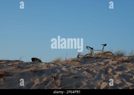 Homme et vélo observant la plage dans les dunes de sable de Carcans petite station de baignade sur la côte atlantique française, près de lacanau et de bordeaux Banque D'Images