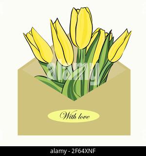 Enveloppe d'expédition avec tulipes. Fleurs jaunes dans une enveloppe. Lettrage, avec amour. Carte postale pour félicitations et confessions. Composition du ressort. V Illustration de Vecteur