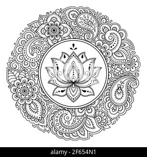 Motif circulaire en forme de mandala avec fleur de lotus pour Henna, Mehndi, tatouage, décoration. Décoration décorative de style oriental ethnique. Contour doo Banque D'Images