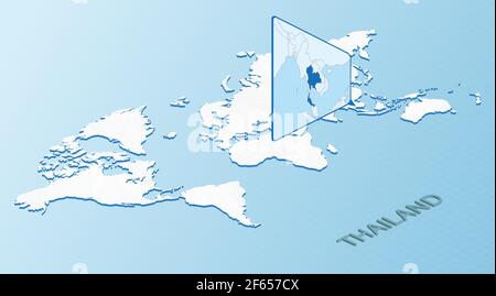 Carte du monde en style isométrique avec carte détaillée de la Thaïlande. Carte bleu clair de Thaïlande avec carte abstraite du monde. Illustration vectorielle. Illustration de Vecteur