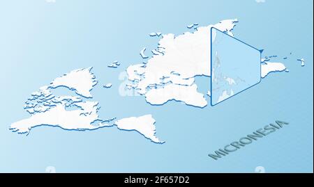 Carte du monde en style isométrique avec carte détaillée de la Micronésie. Carte de Micronésie bleu clair avec carte abstraite du monde. Illustration vectorielle. Illustration de Vecteur