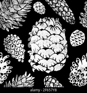 Cônes de conifères sans couture isolés sur le noir. Illustration botanique dessinée à la main Banque D'Images