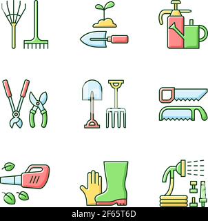 Ensemble d'icônes de couleur RVB pour équipement de jardinage Illustration de Vecteur