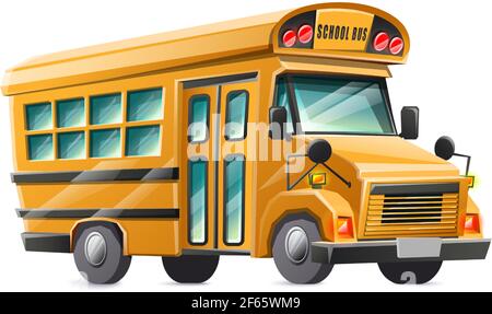 Voiture de bus scolaire jaune style dessin animé vectoriel, isolée sur fond blanc. Illustration de Vecteur