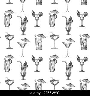 Motif vectoriel de cocktails tropicaux dessinés à la main, isolé sur fond blanc Illustration de Vecteur