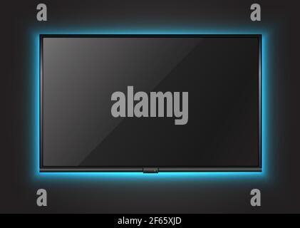 téléviseur vectoriel 3d réaliste qui se pose au mur avec une lumière au néon. Illustration de Vecteur