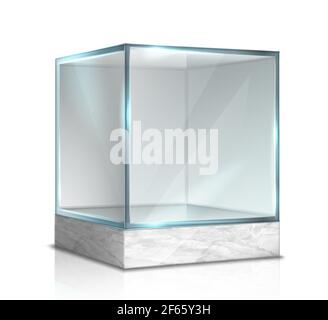 Boîte en verre Vector 3d Realistic, cube pour présentation sur support en marbre. Isolé sur fond blanc. Illustration de Vecteur