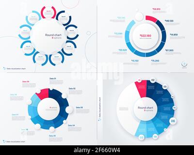Modèles de graphiques ronds graphiques vectoriels. Neuf options, étapes, pièces Illustration de Vecteur
