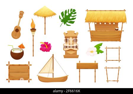 Hawaiian ensemble de vacances éléments traditionnels dans le style de dessin animé isolé dans fond blanc. Bar de plage avec paille, parasol, cadres en bois et décorations Illustration de Vecteur