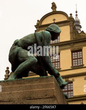 La statue d'Engelbrekt Engelbrektsson à Kornhamnstorg (place du port de grain) à Gamla Stan (vieille ville), Stockholm, Suède. Banque D'Images