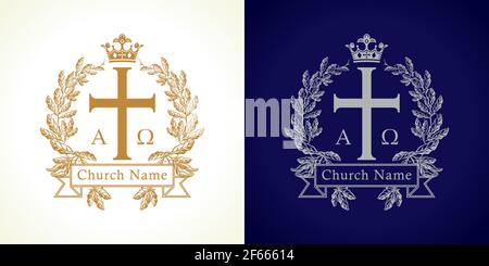 Logotype de l'église. Modèle de crucifixion isolé traditionnel de luxe en cercle. Crucifix encadré de palmiers. Anciennes branches rondes vectorielles, ruban avec GRE Illustration de Vecteur